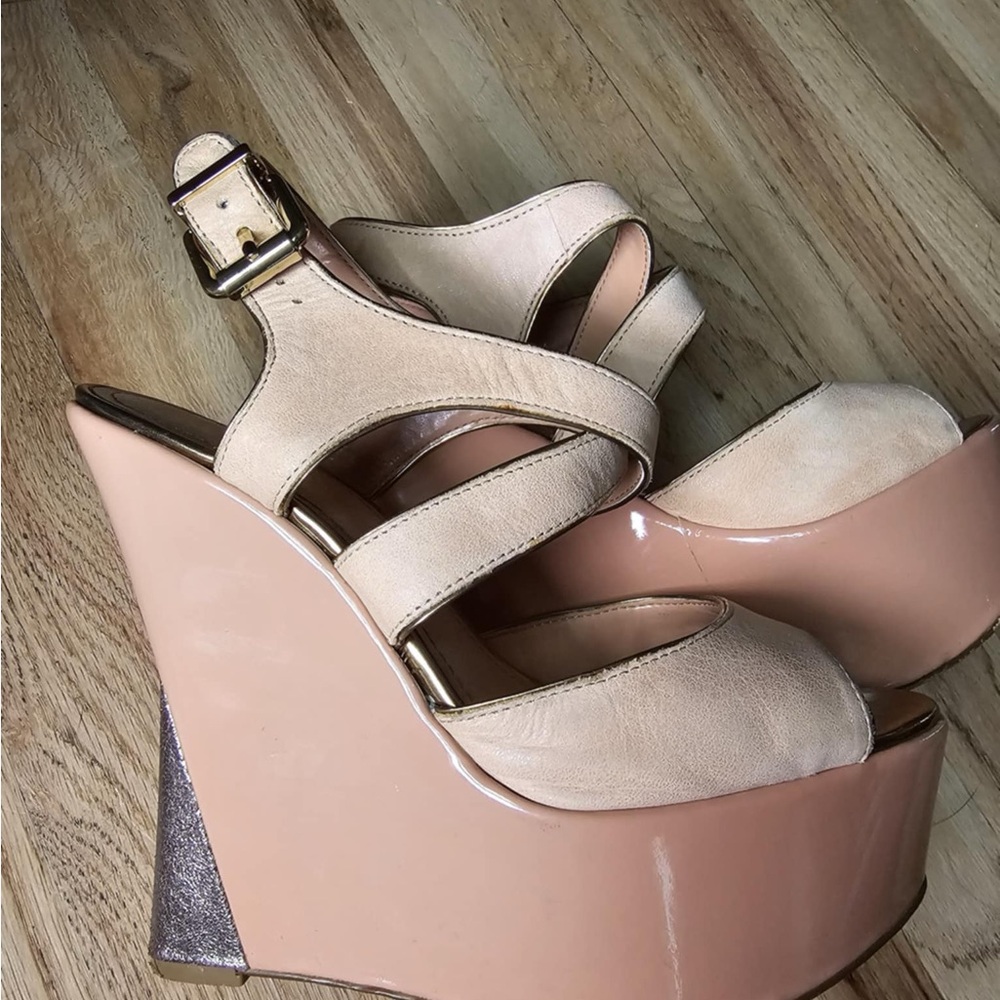 Elegant Cream and Tan Wedge Sandals